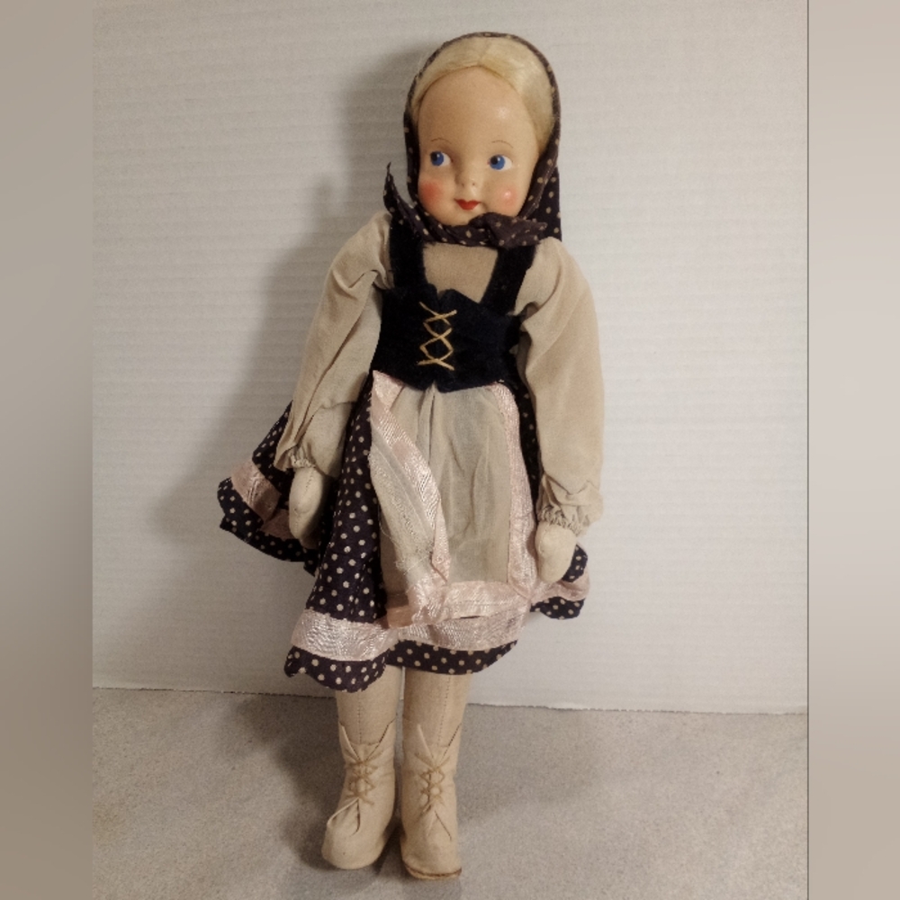 Vintage 1940's Polish Celluloid Mask Face Sawdust Filled Doll